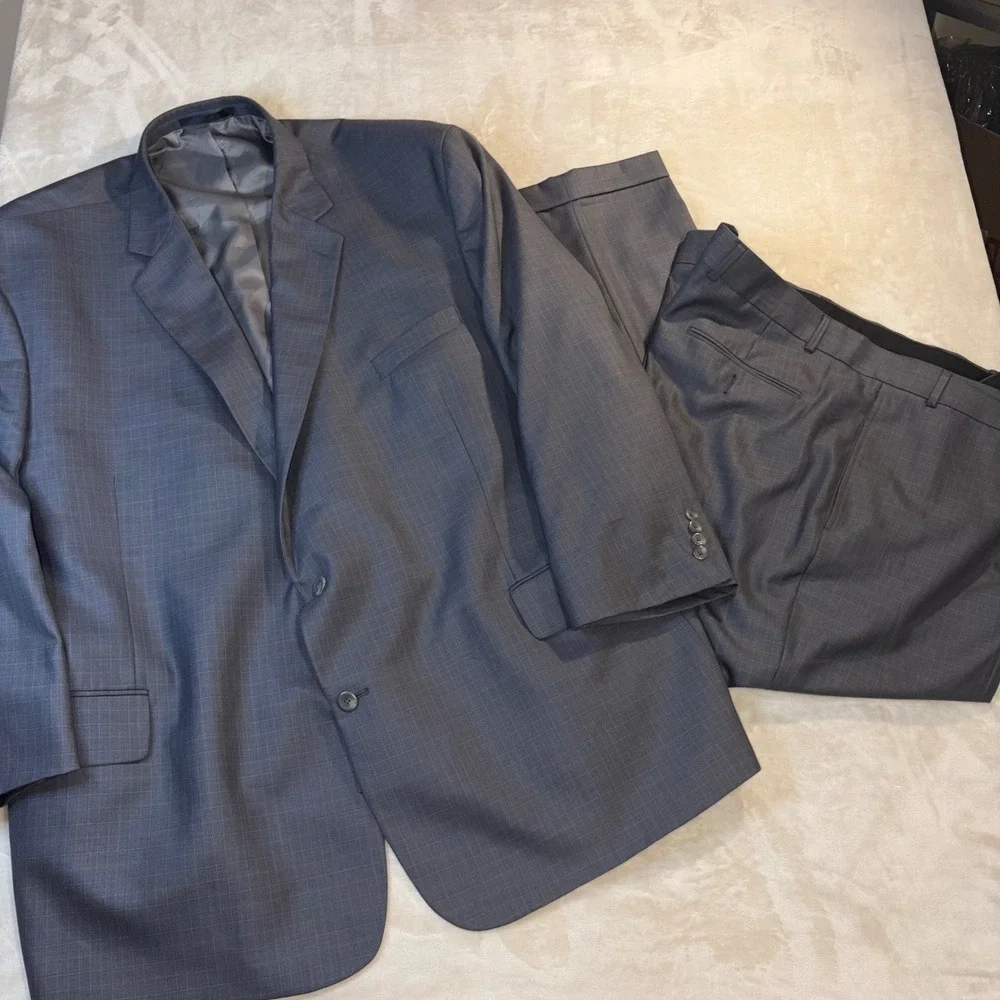 Geoffrey Beene Mens Grey Glen Plaid 2 Piece Suit Jacket 64R Pants 52W 30L DX27